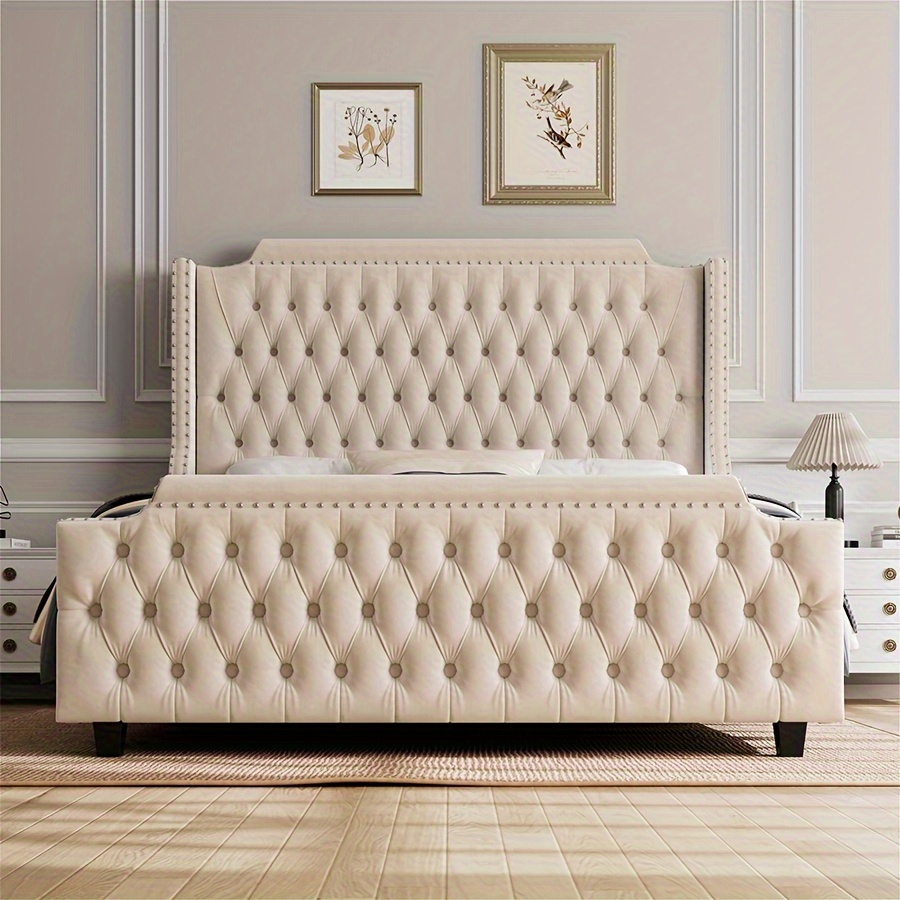 

Fultru Bed Frame With Tall Wingback Headboard, Queen/king Size 54" Tall Bed Frame With Tufted Deep Button Velvet, Platform Upholstered Bed, No Box Spring Needed, Easy Assembly