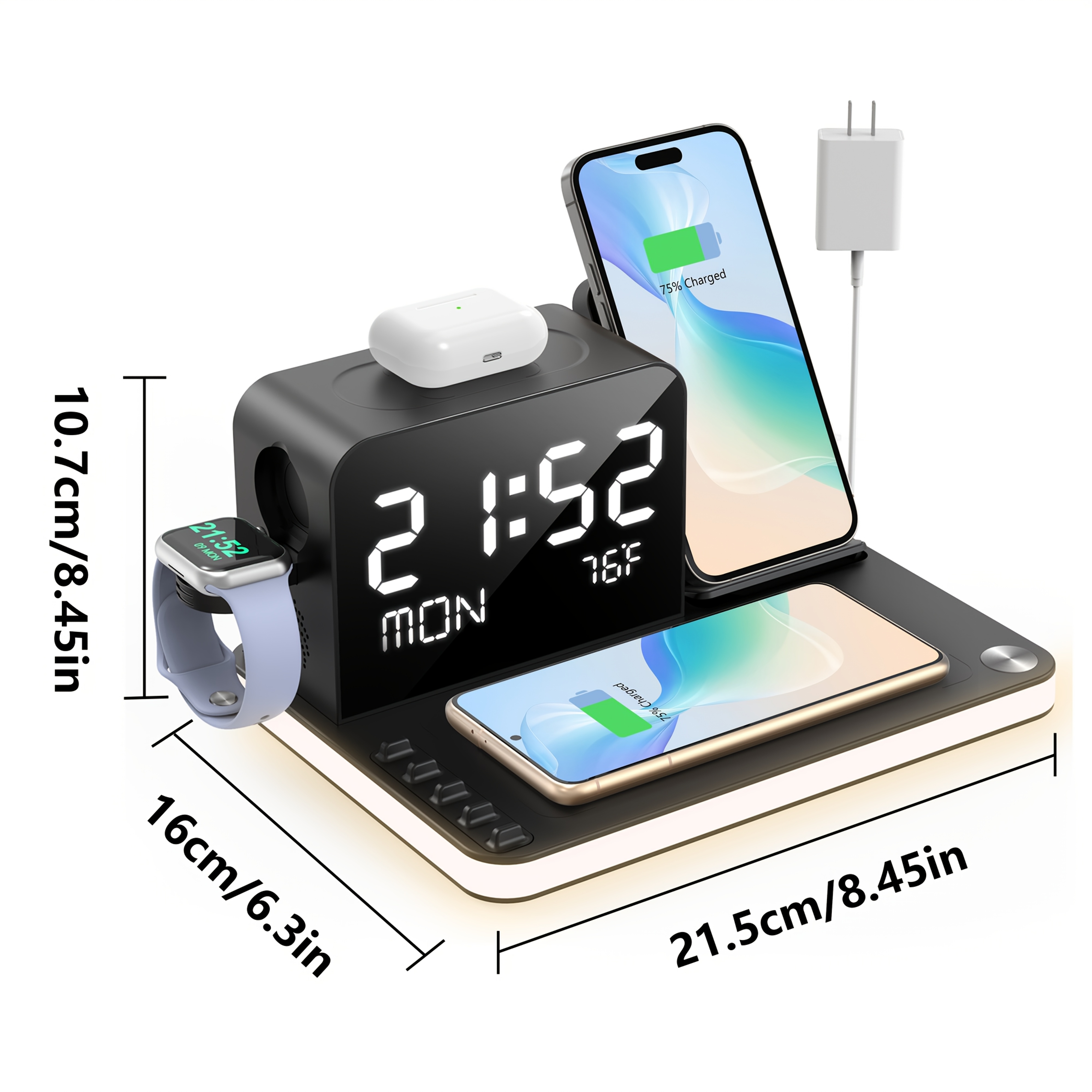 7in 1 dual phone wireless charging station with night light s1 phone holder phone   time week temperature display 30w adapter for iphone   and for iwatch fast charging dock with   wired output Product details 0
