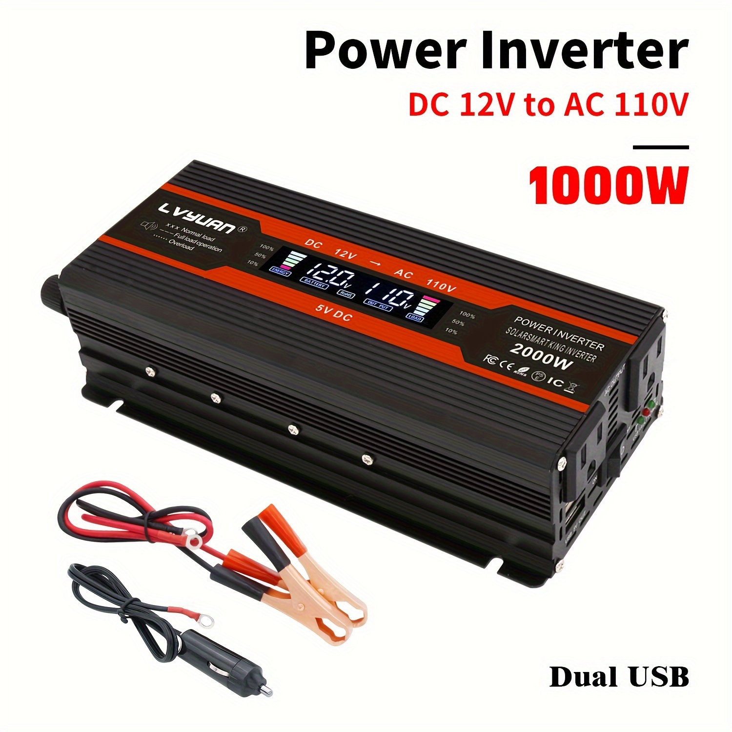 

1000w/2000w () Inverter Dc 12v To 110v Ac Converter With Lcd Ac Sockets And Dual Usb Car Charger For Laptop Truck, Red, Black 2 Colours