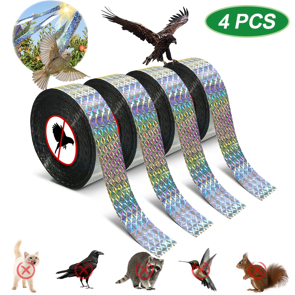 4 rolls of reflective tapes designed to   birds by producing visual and auditory   providing a durable bird repellent solution for gardens and outdoor spaces as   pest control method