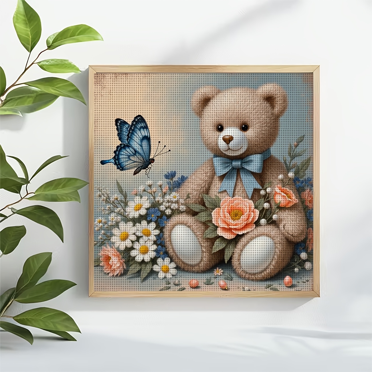 DIY Cross-Stitch Printed Kit - Teddy Bear and Flower Butterfly Design
