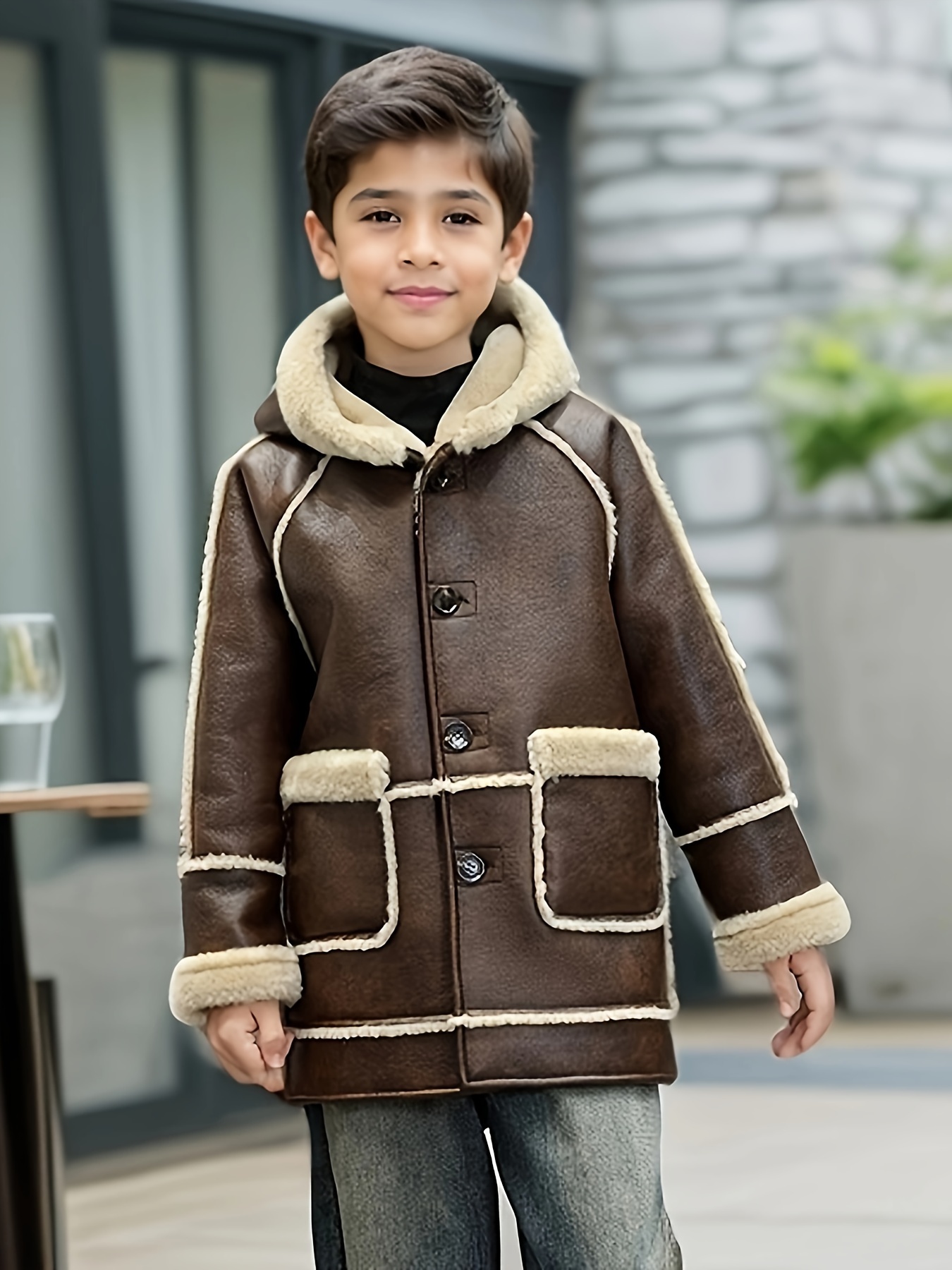 [Cozy *] Boys' PU Leather Hooded Jacket with Fur Trim Warm Winter Coat,  Black Button-* Long Sleeve, Machine Washable Fall/Winter, Hiking