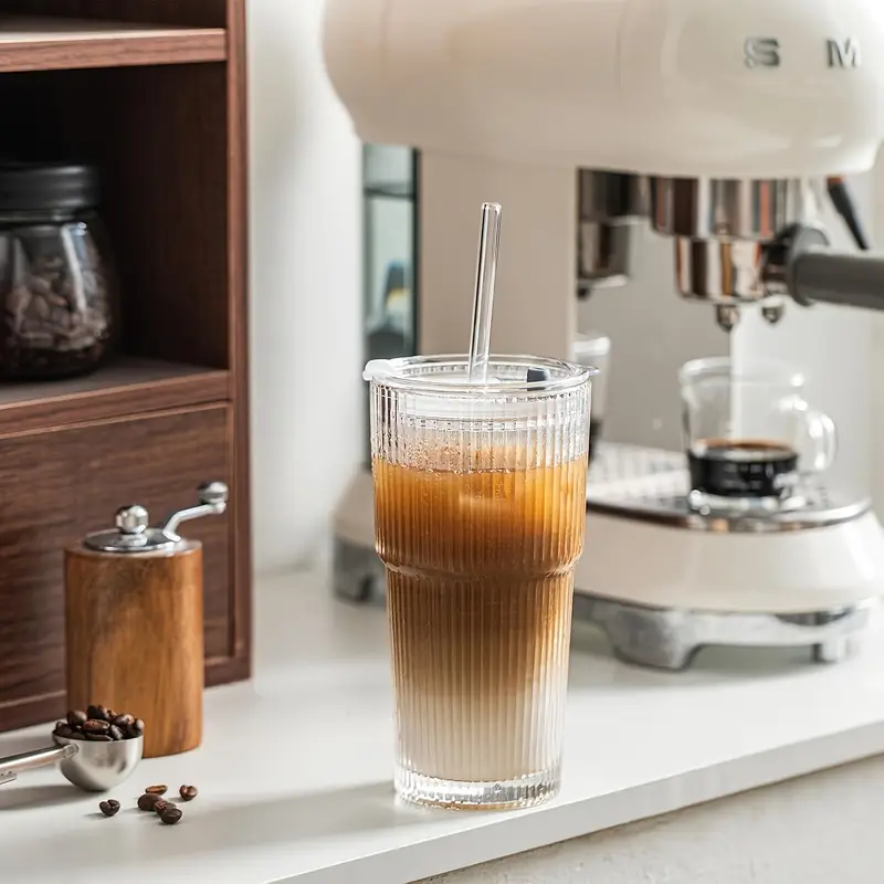 2pcs glassware set 600ml 20oz ribbed glass bucket with lid and glass straw thick glass iced coffee smoothies cocktails and juices elegant and durable beverage vessel Product details 5