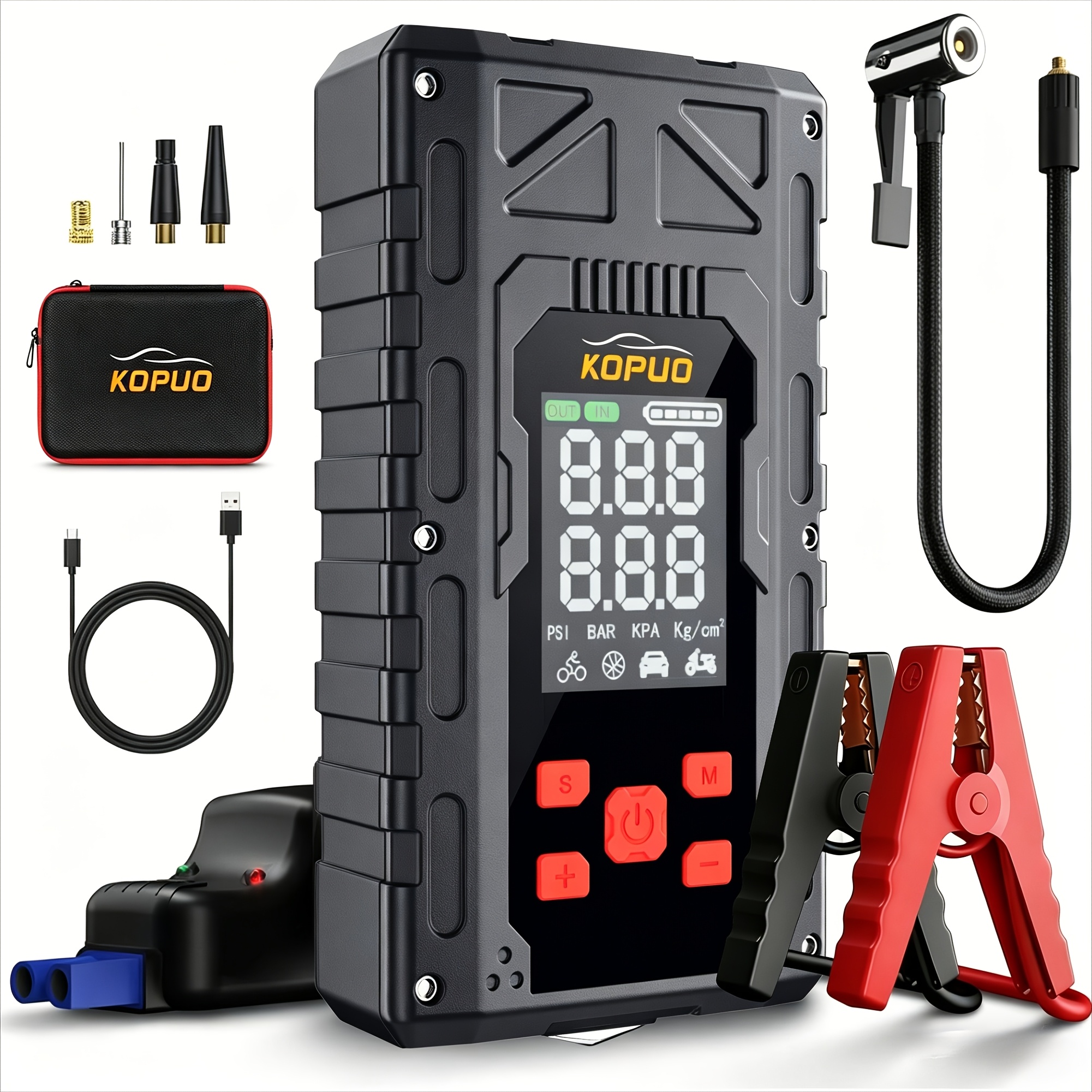 TEMU Kopuo 12000mah 8000a Car Jump Starter With 150psi Air Compressor, 12v Battery Booster For Up To 10.0l Gas & 8.5l Engines, Tire Inflator, Power