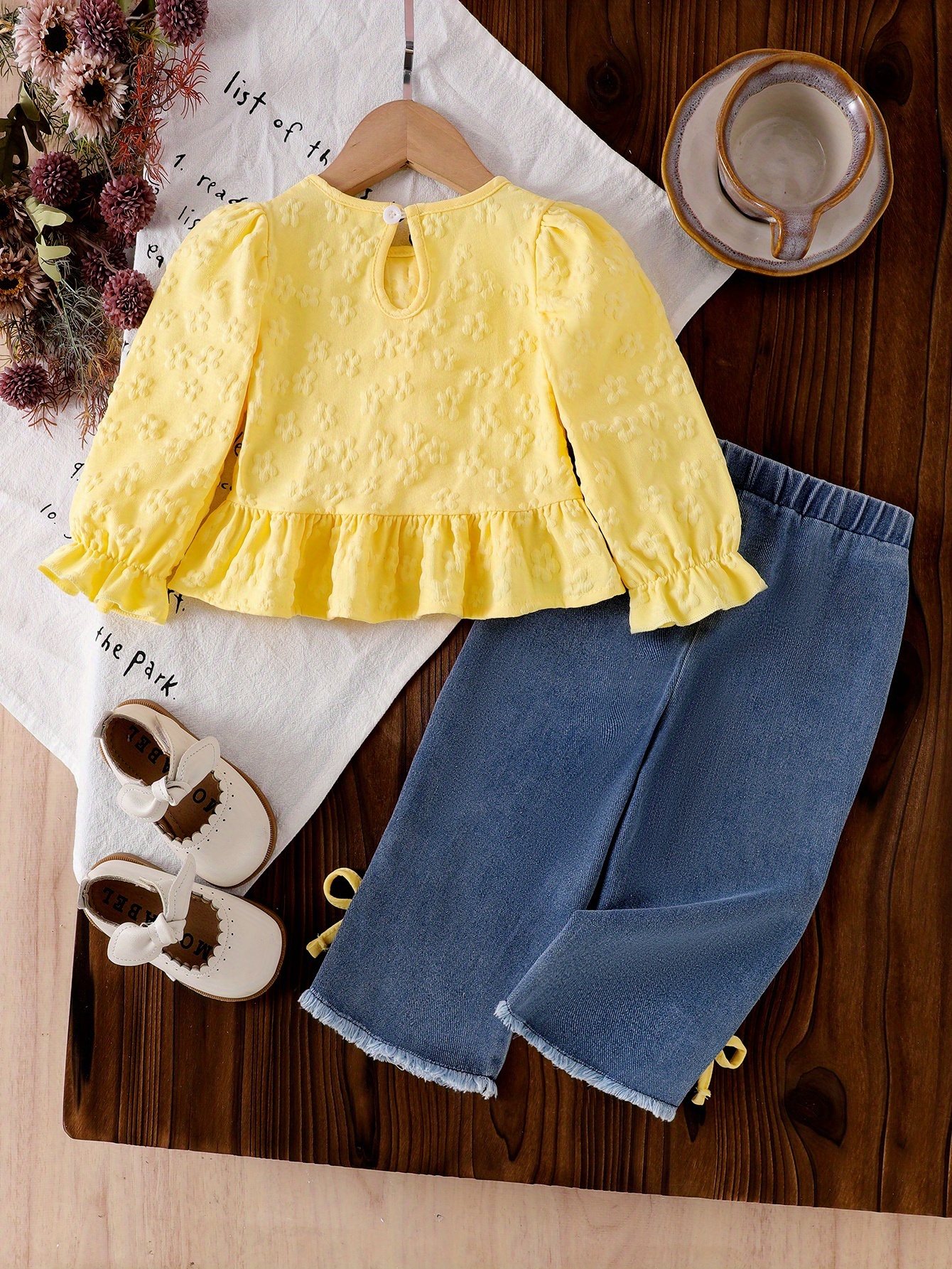 girls 2pcs set bow embellished long sleeve top and straight leg denim pants for spring autumn   outdoor Product details 0