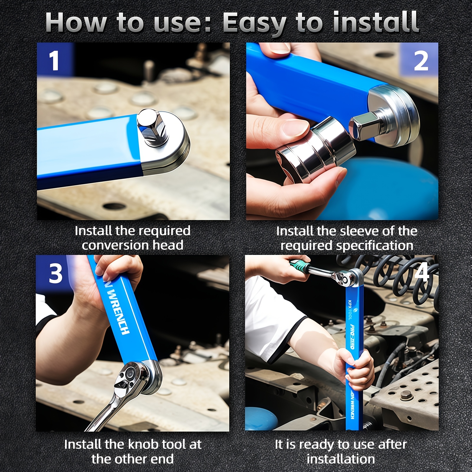 2合1多功能棘轮偏置延长扳手，配有1/2、1/4和3/8方头转接器，适用于狭窄空间，180度旋转、大扭矩、防滑手柄、耐用金属材质，适用于小型通用延长扳手，汽车维修手动工具 商品详情 1