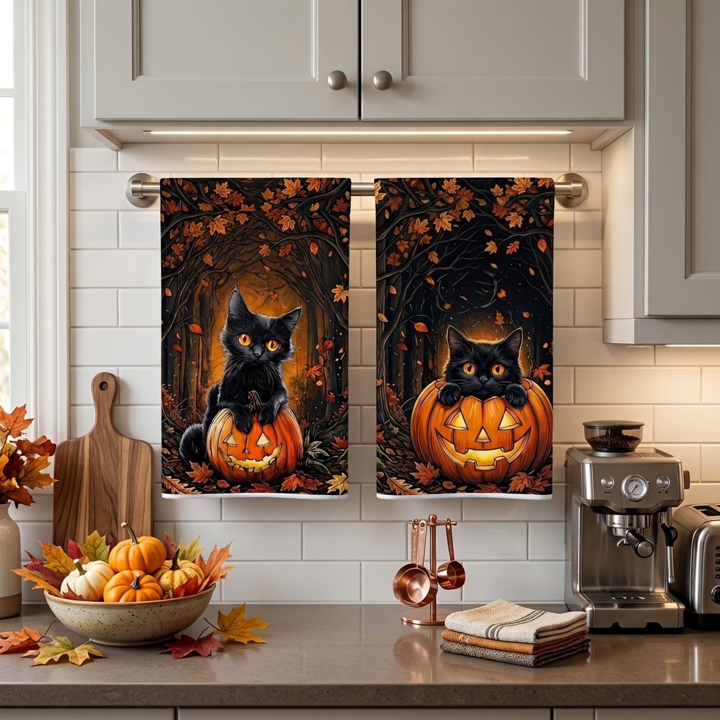 TEMU 2-pack Spooky Cute Black Cat Pumpkin Fall Autumn Halloween Kitchen Towels, Super Absorbent Tea Towels, Microfiber Dish Towels, Dishcloth,
