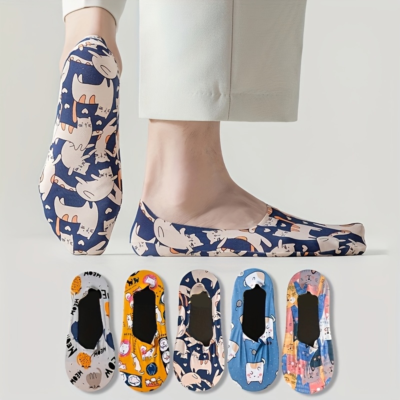 Image of 5 Pairs Unisex Plus Size Comfortable Cartoon Cat Pattern Short Socks | And Elastane, Machine Washable, Suitable For Spring/summer, Brand: Ncdate, For Teenager, For Teenager