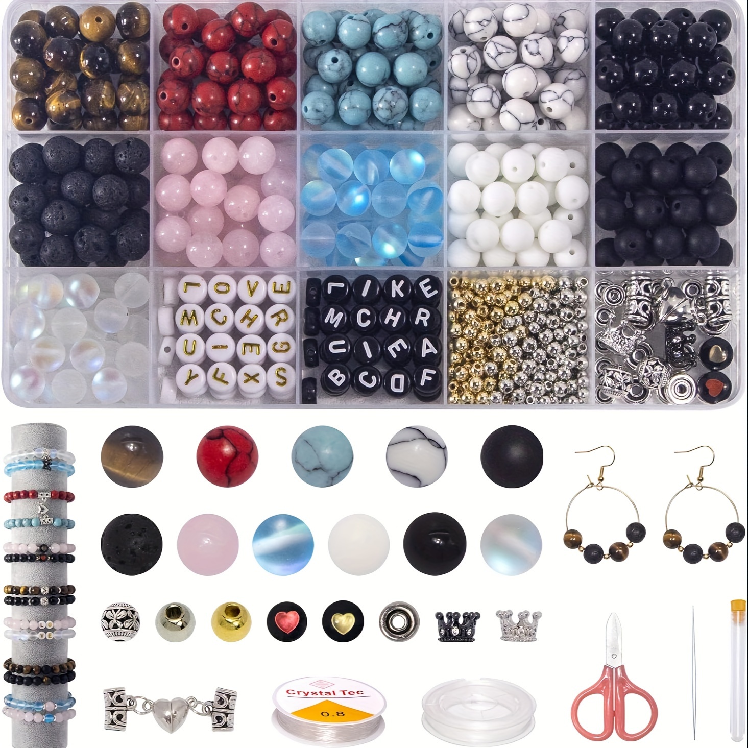 

691 Pcs Of Natural Stone Turquoise Stone Beading, Metal Accessories And Letter Beading, Stretch Rope And Making Tools, Diy Handcrafted Kit Is Suitable For Beginners