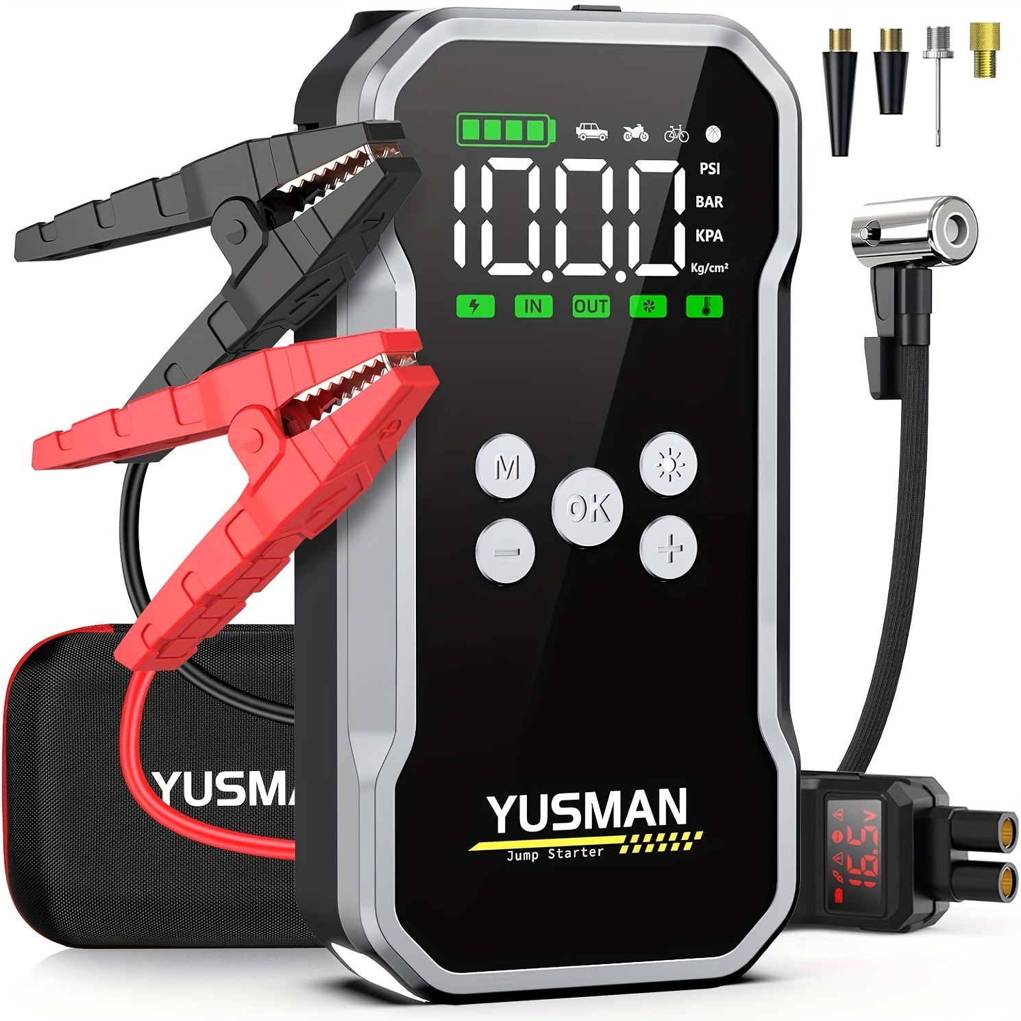 

Yusman Car Battery Starter - 4000a, Jump Starter Booster Car Battery Starter With 150psi Compressor (for 12v 10.0l Gas And 8.0l Diesel Engines), 5 V/3a, Dual Usb, Led, Lcd