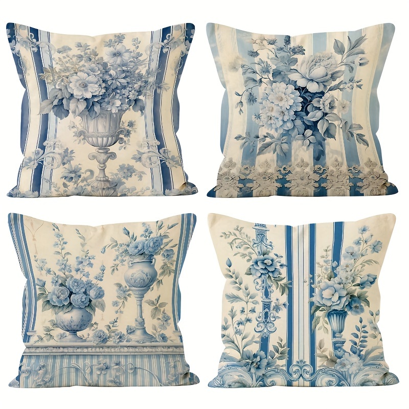 

4pcs, Farmhouse Blue Flower Throw Pillow Covers Orchid Butterfly Cotton Linen Floral Cushion Case For Couch Outdoor Sofa,living Room Bed Indoors Home Décor 18inchx18 Inch