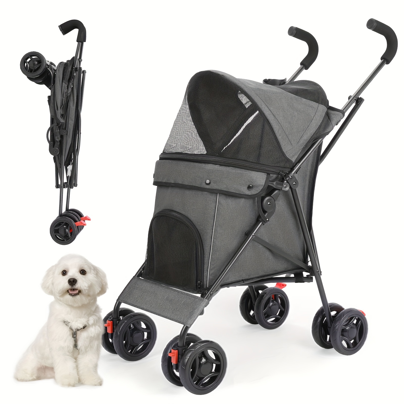 

4 Wheel Foldable Cat Dog Stroller With Storage Basket, Handle 360° Front Wheel Rear Wheel With Brake For Small Medium Dogs & Cats