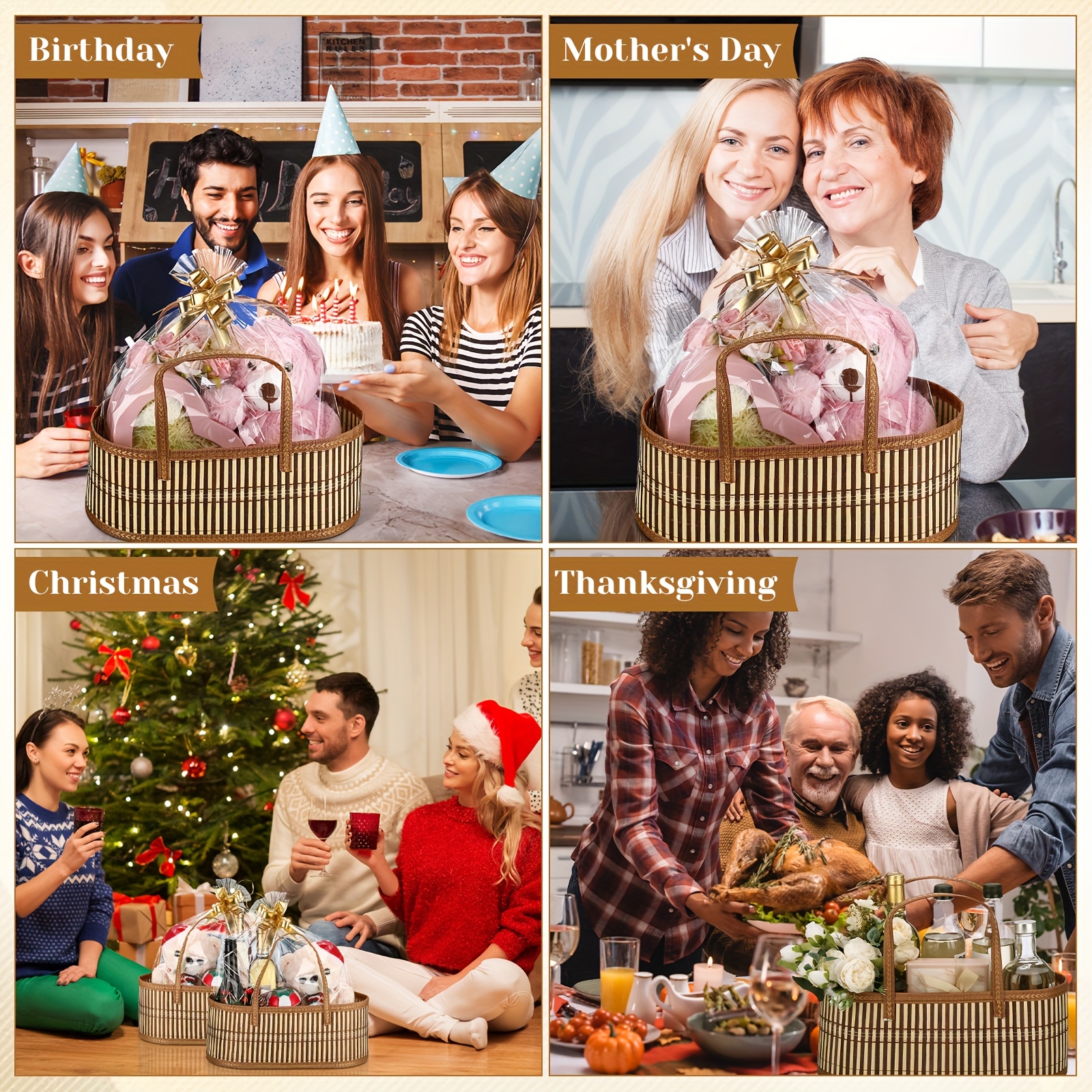 6 Pack Woven Baskets for Gifts Empty Large Bamboo Gift Baskets with Handle Cellophane Wrap Bag And Pull Flower Ribbon Sturdy Foldable Gift Packages for Birthday Wedding Favor Wrapping