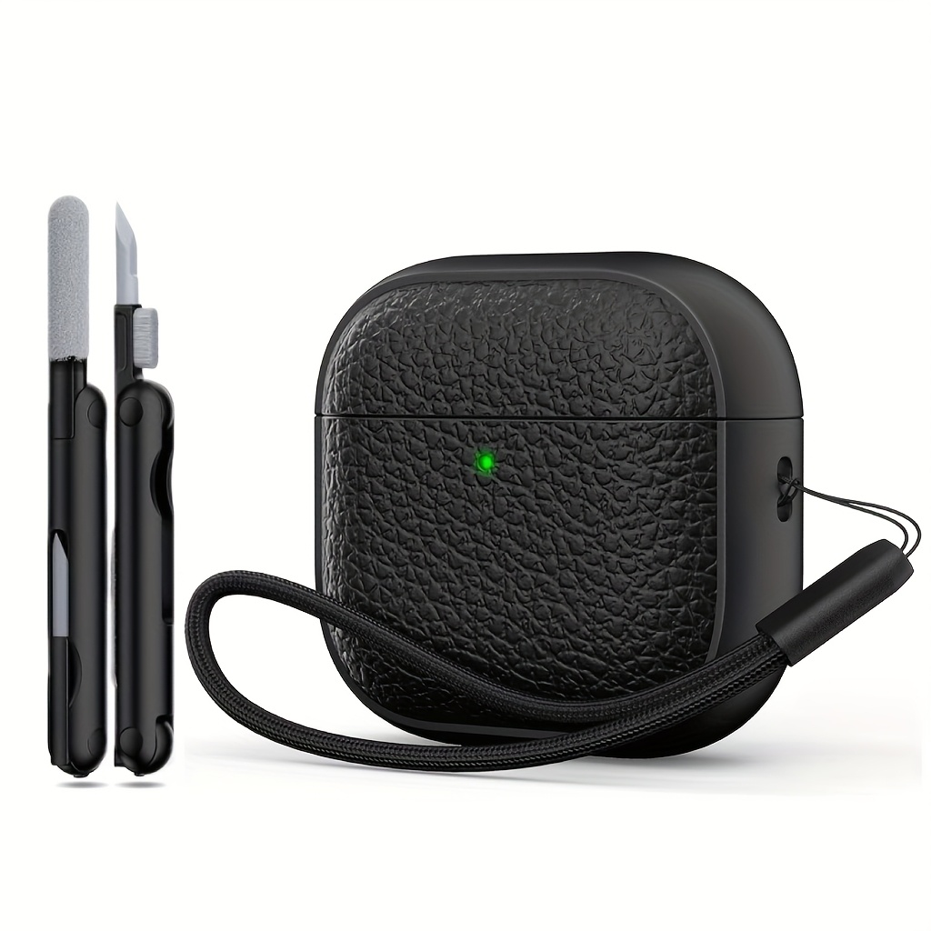 E-shop Für AirPods 4 Hülle, Weiche TPU (Kunstleder-Design) Sturzschutz Cover für Männer und Frauen mit Schlüsselband und Reinigungsset, Kompatibel mit