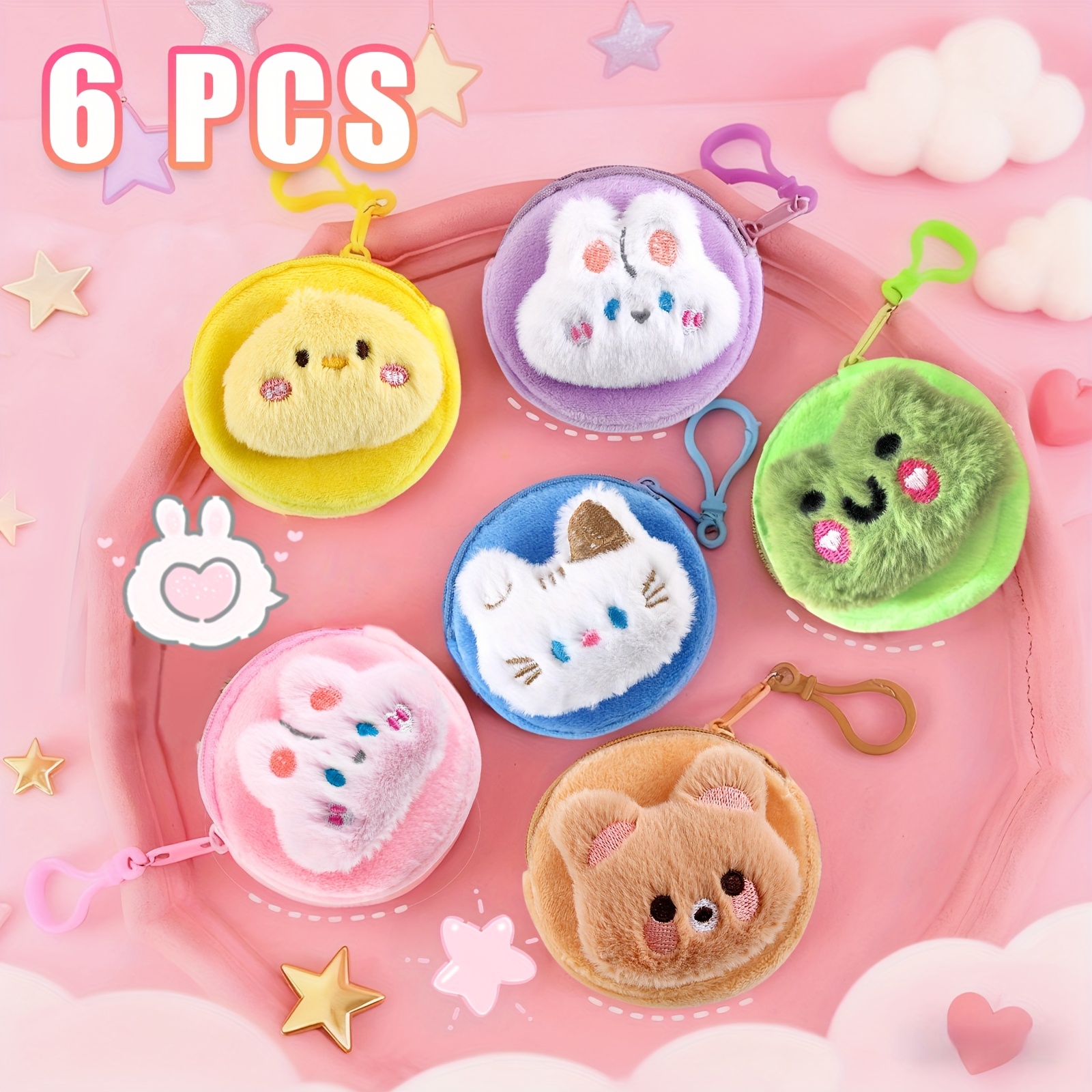 TEMU 6 stuks Pluche Portemonnees, Creatieve Rits Cartoon Portemonnees, Schattig Cartoon Ontwerp, Geschikt voor Draadopslag, Oortelefoonopslag,