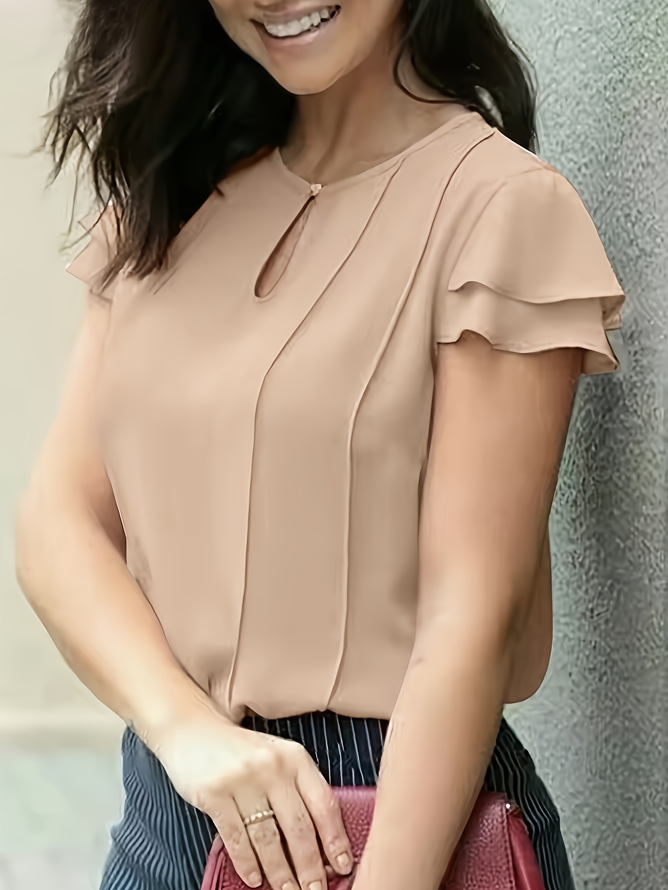 imagen del artículo blusa elegante de manga corta con escote   para mujer - camisa casual y semi-formal de color   para verano, lavable a máquina,   regular, ideal para  , almuerzos y   nocturnas - línea de  
