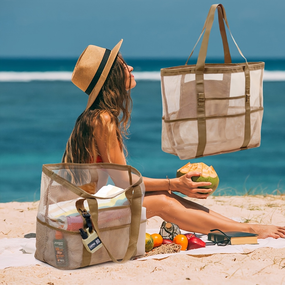 40  large mesh beach tote bag lightweight portable and breathable with 9 pockets sand proof ideal for family beach travel pool and gym use beach accessories 0