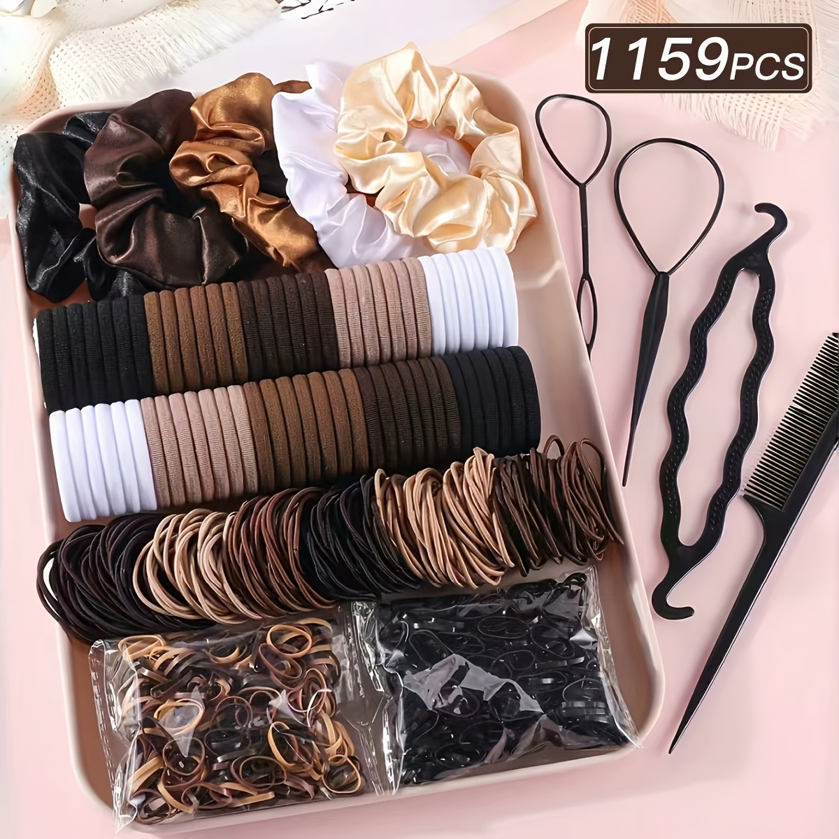 TEMU Set de accesorios para el cabello de 1159 piezas, que incluye scrunchies de satén, ligas de elasticidad y herramientas de peinado. Un set