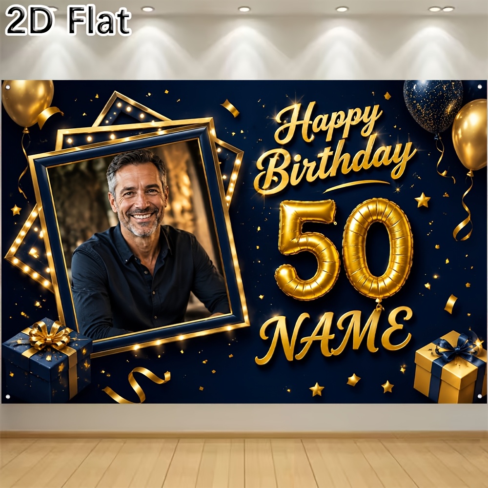 TEMU 2d Flat, 1pc 1pc 50th Birthday Banner For Men - Personalized Photo/text & Name Sign, & Lettering Suitable For Party Decorations, Room Decor,