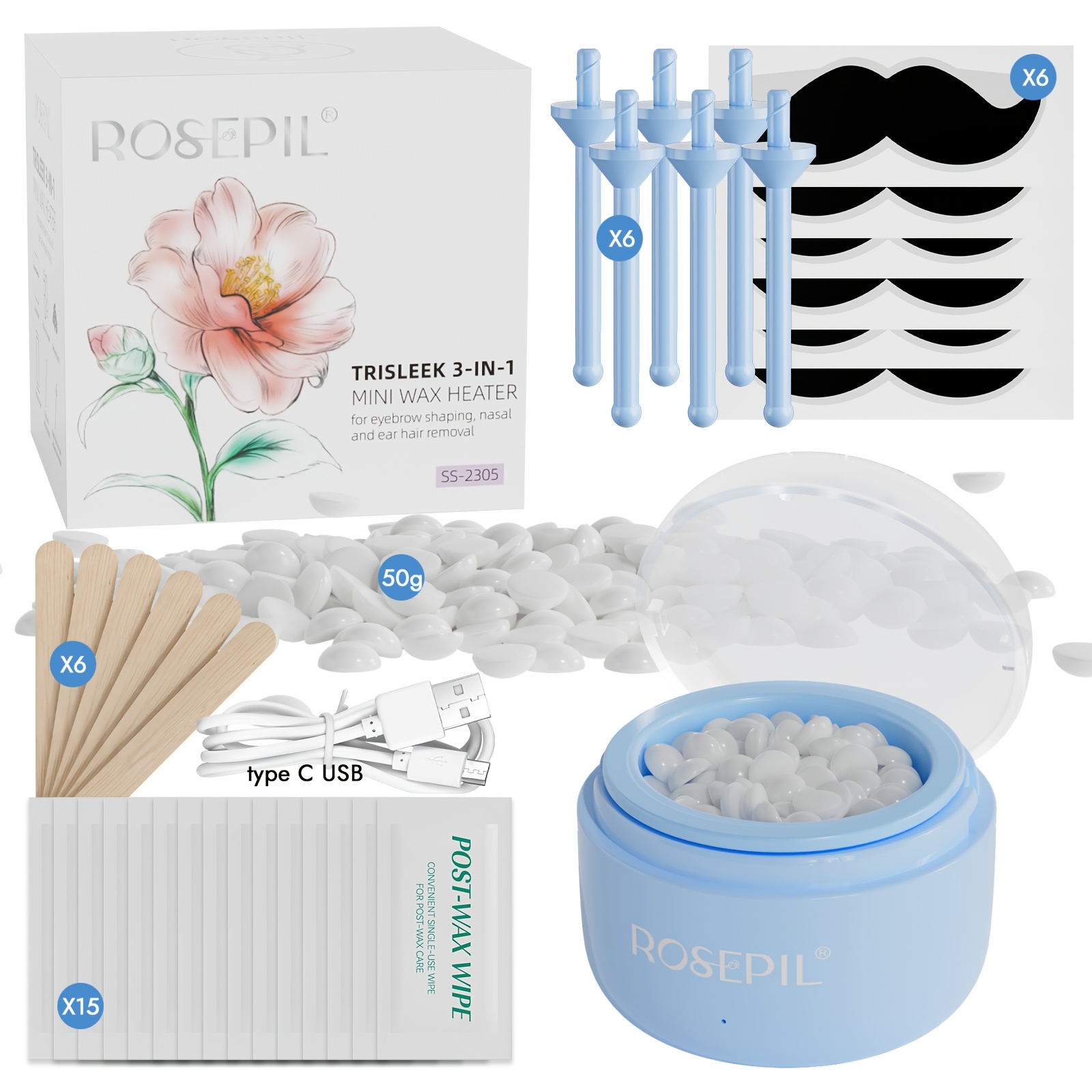 Rosepil 35pcs Professional Hair Removal Kit | Tool For Men And Women | Includes Mini Portable Waxing Device | Facial/intimate Area Cleaning Tools | Essential For Home And Travel