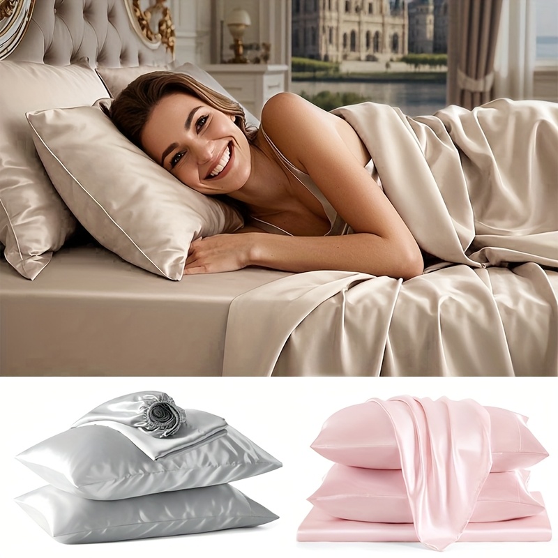 4pcs Comfort Satin Sheet Set - All-Season Versatile Non-Shrink, Ball-Free Machine Washable Luxury Fitted Sheets Soft and Smooth Bedding for Bedroom and Guest Room 1 * Flat Sheet + 1 * Fitted Sheet + 2 * Pillowcases