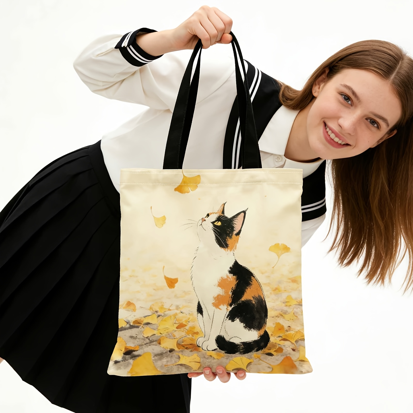 TEMU 1pc Women's Calico Cat Tote Bag - Suitable For Commuting, Travel & Beach, Reusable Shopping Bag With Shoulder Straps, Casual Hand Washable Gift