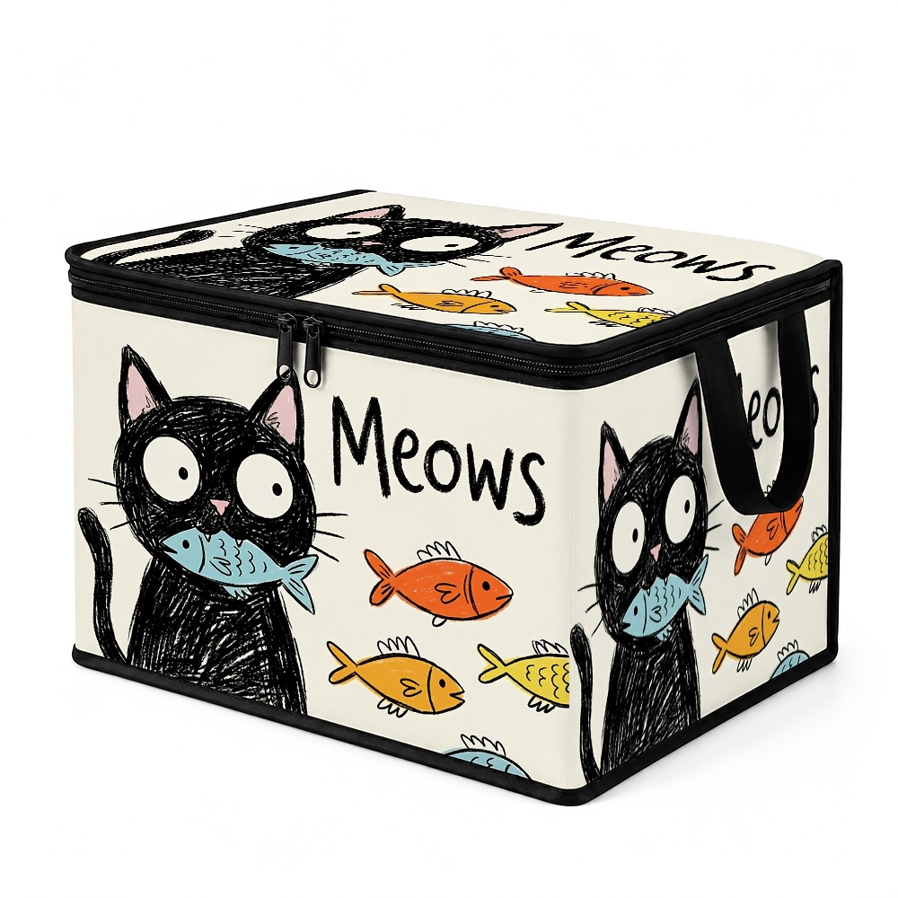 TEMU 1pc Kawaii Cat Cartoon Pattern Organizer Storage Box - Black Cat Fish Bowl Cute, With Zipper Suitable For Pet Supplies, Bedroom Wardrobe,