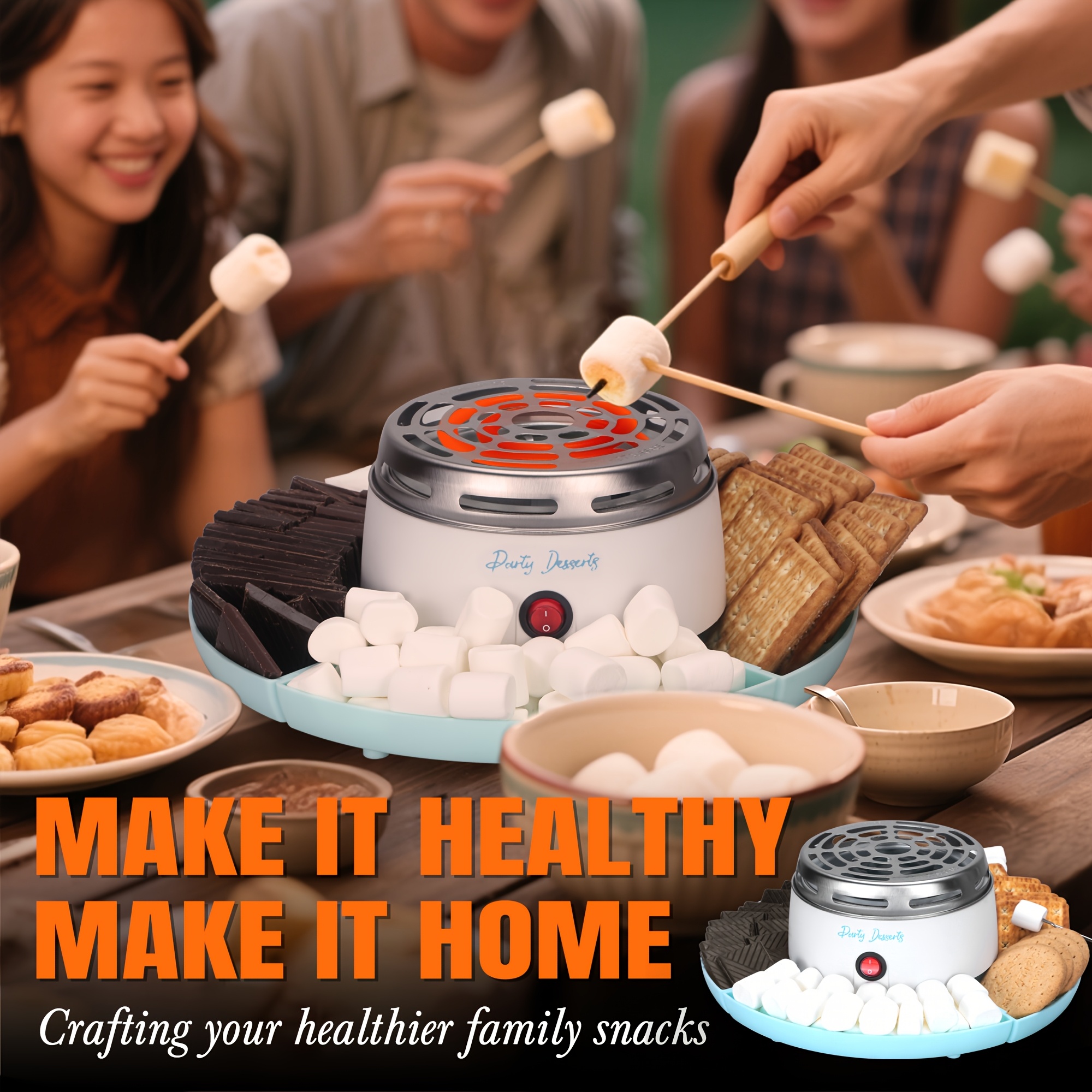 electric smores station indoor tabletop marshmallow roaster kit 4 compartment trays 4 forks included blue Product details 2