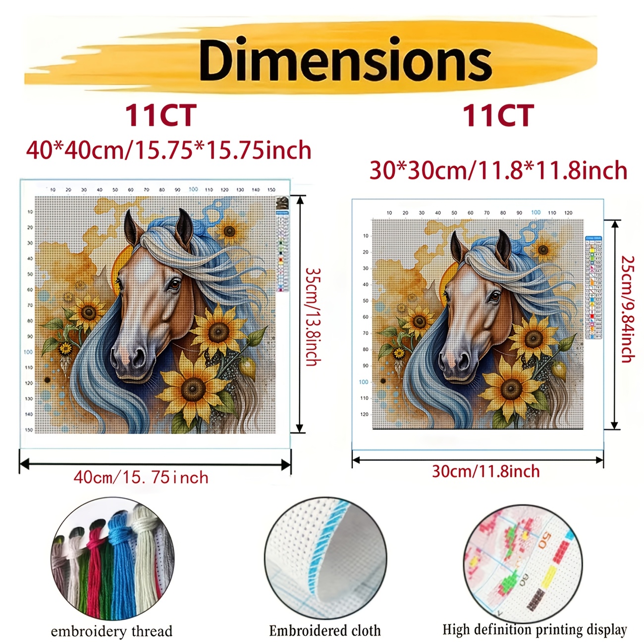DIY Cross-Stitch Printed Kit, Unframed Blue Mane Horse & Sunflower Design