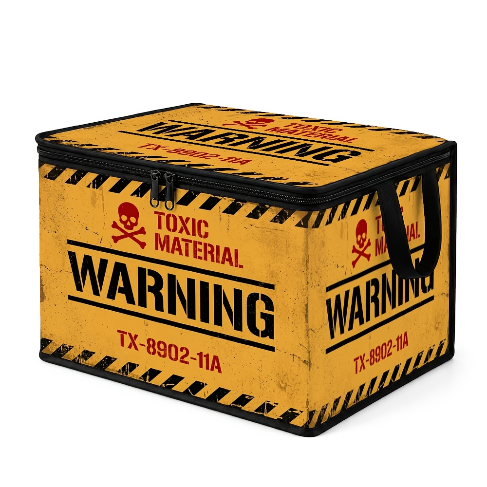 TEMU Warning Sign--textured Storage Box With Lid, Featuring Industrial Retro Prints, Made Of Soft Fabric With Large Capacity, In Sizes, Ideal For