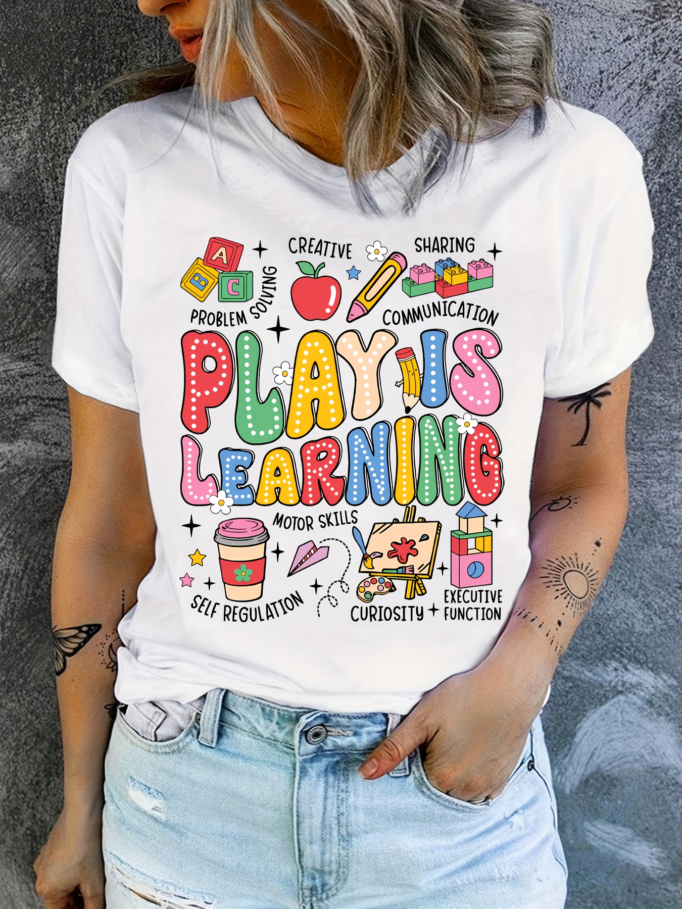   teacher t shirt colorful educational graphic print breathable summer casual tee machine washable round neck top for teacher appreciation gifts back to group events   design shirt medium stretch fabric