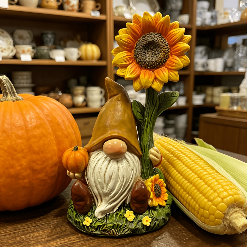 TEMU [collectible Figurines] 1pc Thanksgiving Statue Ornament, Handheld Pumpkin Sunflower Dwarf Resin Sculpture, Cute Harvest Decoration Suitable For