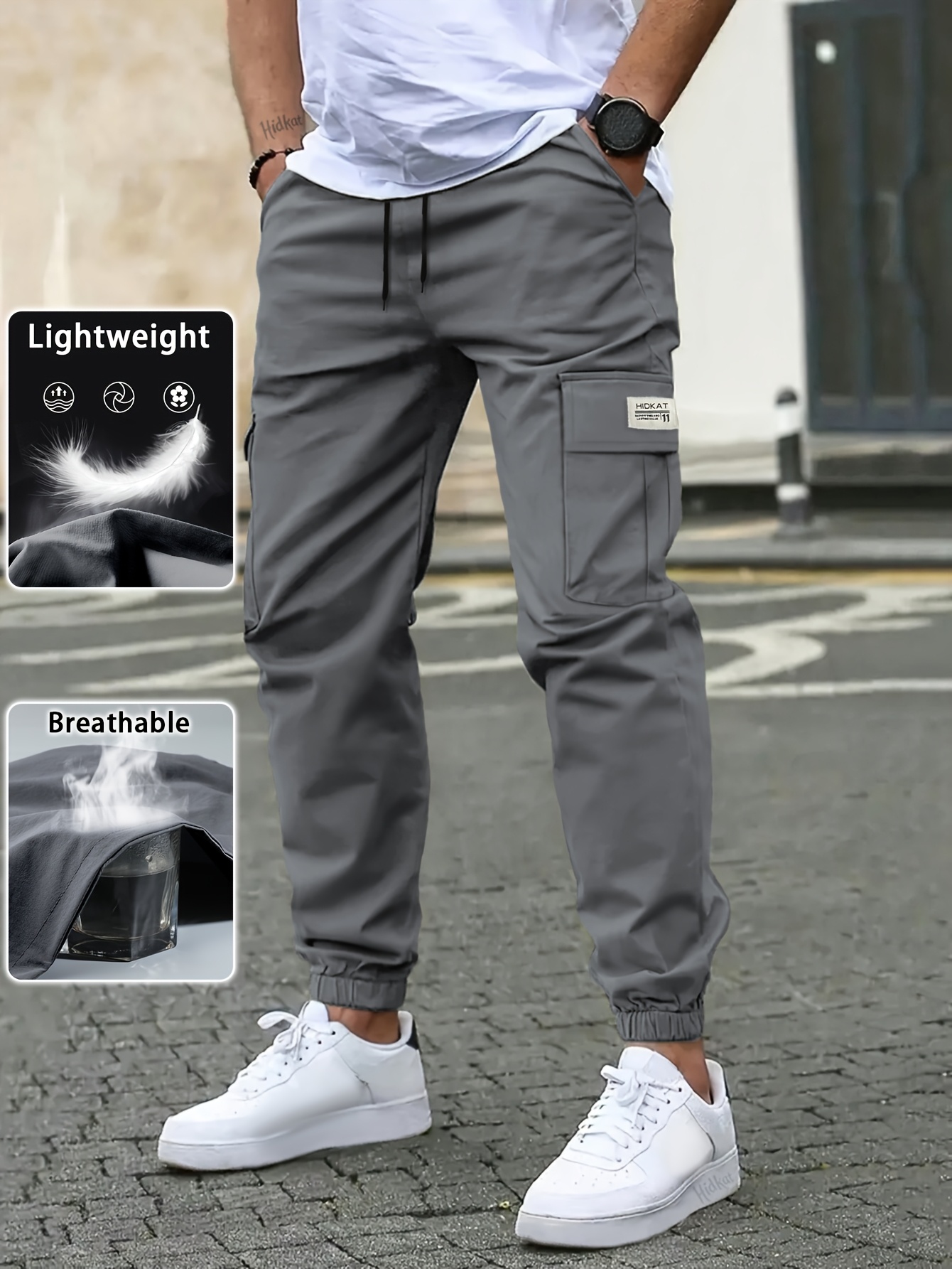 mens cargo pants thin and breathable drawstring waist with flap pockets solid   versatile casual trousers suitable for daily wear outdoor sports and hiking 1pc