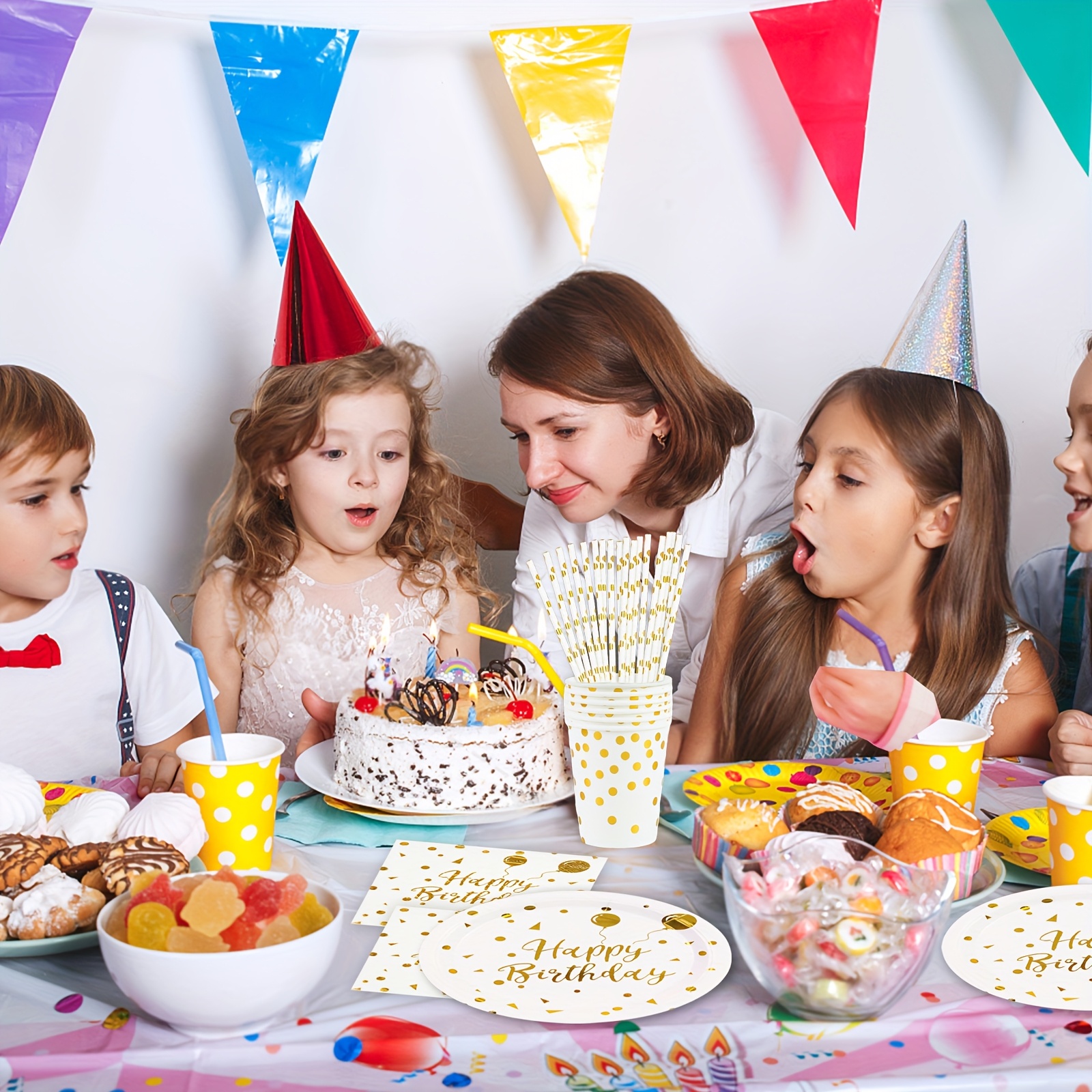 E-shop 125-teiliges Platin-Geburtstagsparty-Set, Happy Birthday Party-Geschirrset, für 25 Gäste, Pappbecher, Pappteller, Servietten, Strohhalme,