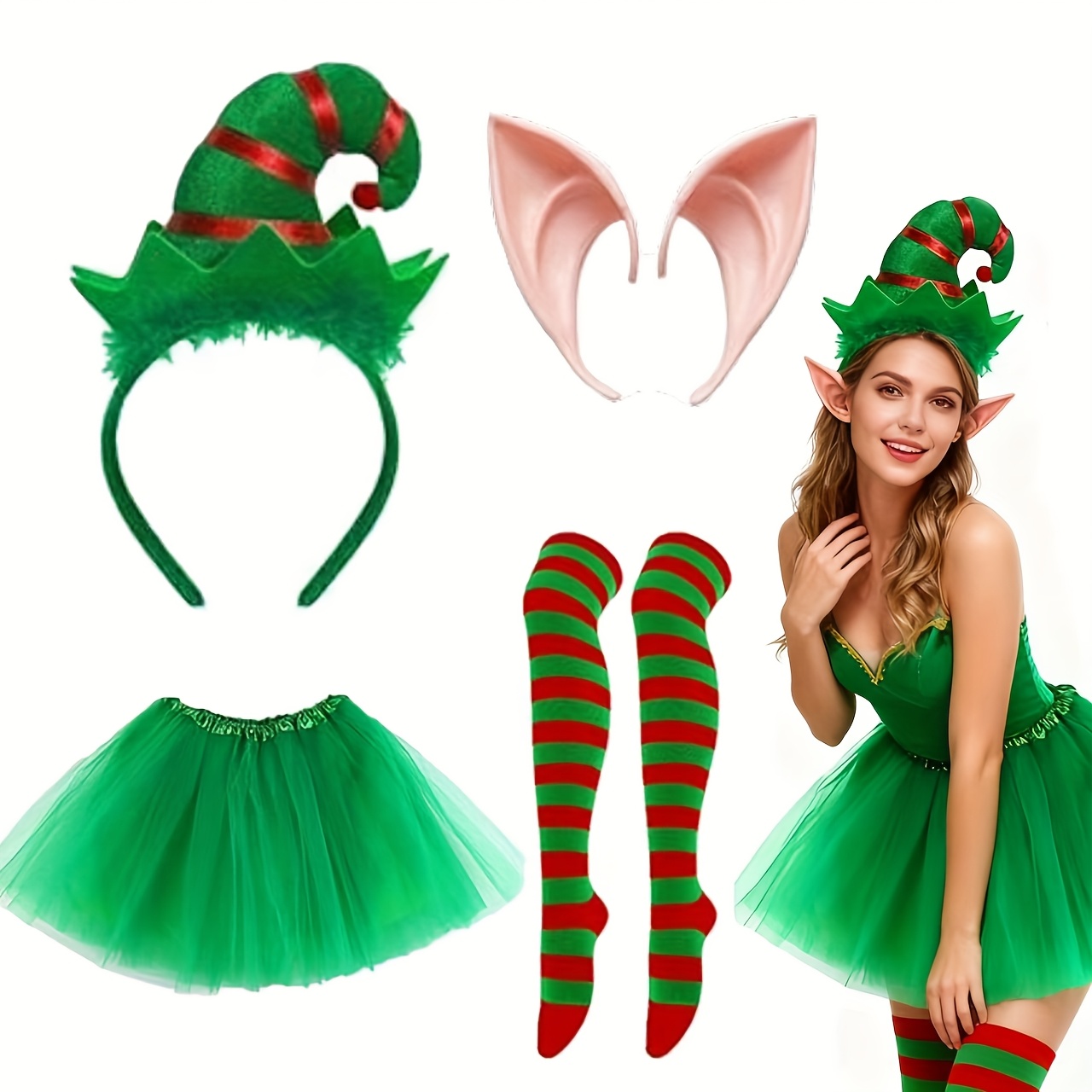 TEMU 4pcs Women's Christmas Elf Costume And Accessory Set, Elf Hat Headband, Striped Stockings, Skirt, Elf Ears Set, Women's Christmas Costume. Ideal