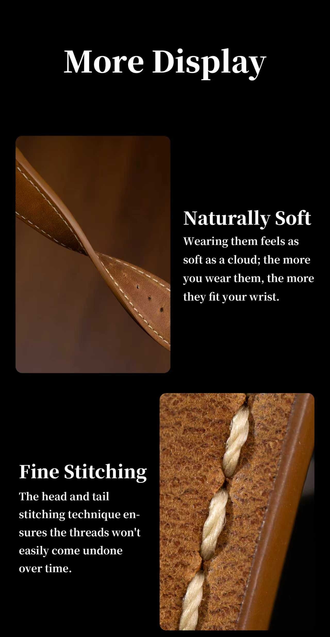 Handmade Wild Horse from Cowhide Is Suitable for iWatch S11/ Ultra3. It Features a Stainless Steel Folding Buckle and a 316L Stainless Steel Connector with Golden Studs.