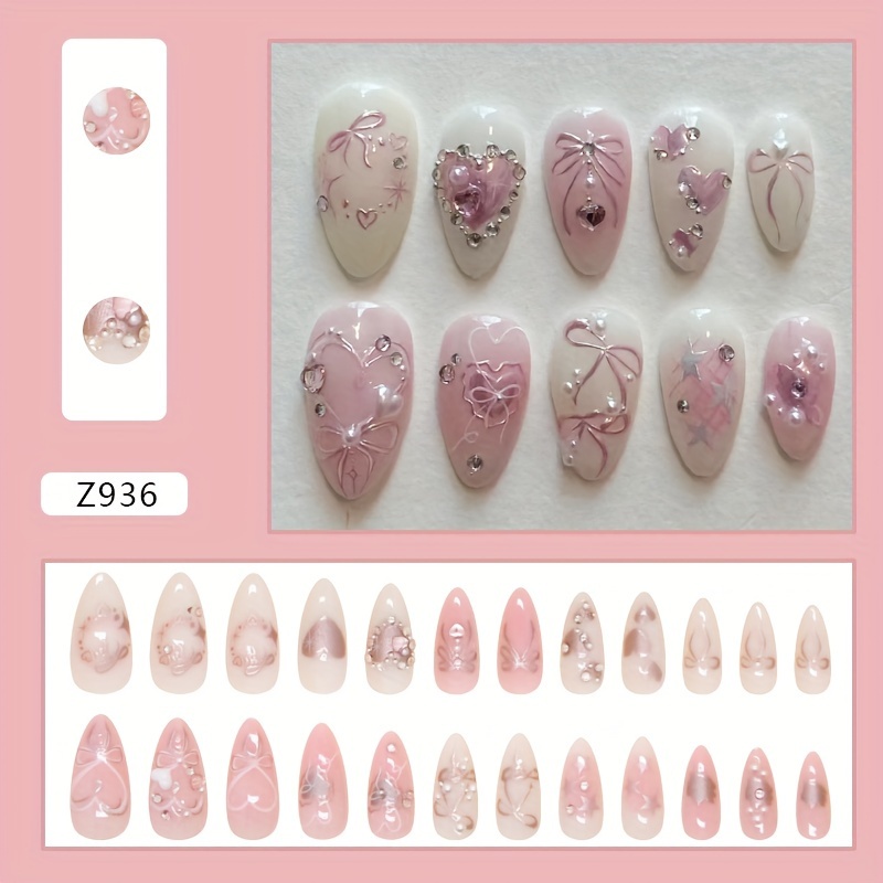 Sweet Detachable Nail Stickers With , Cute Press-on Nails With Rhinestones, 24pcs