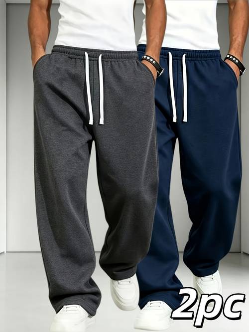 Slika predmeta 2 komada muške pantalone sa elastičnim strukom i učkurima, široke ležerne pantalone ravnog kroja, mekane pletene trenerke za svakodnevno nošenje na otvorenom