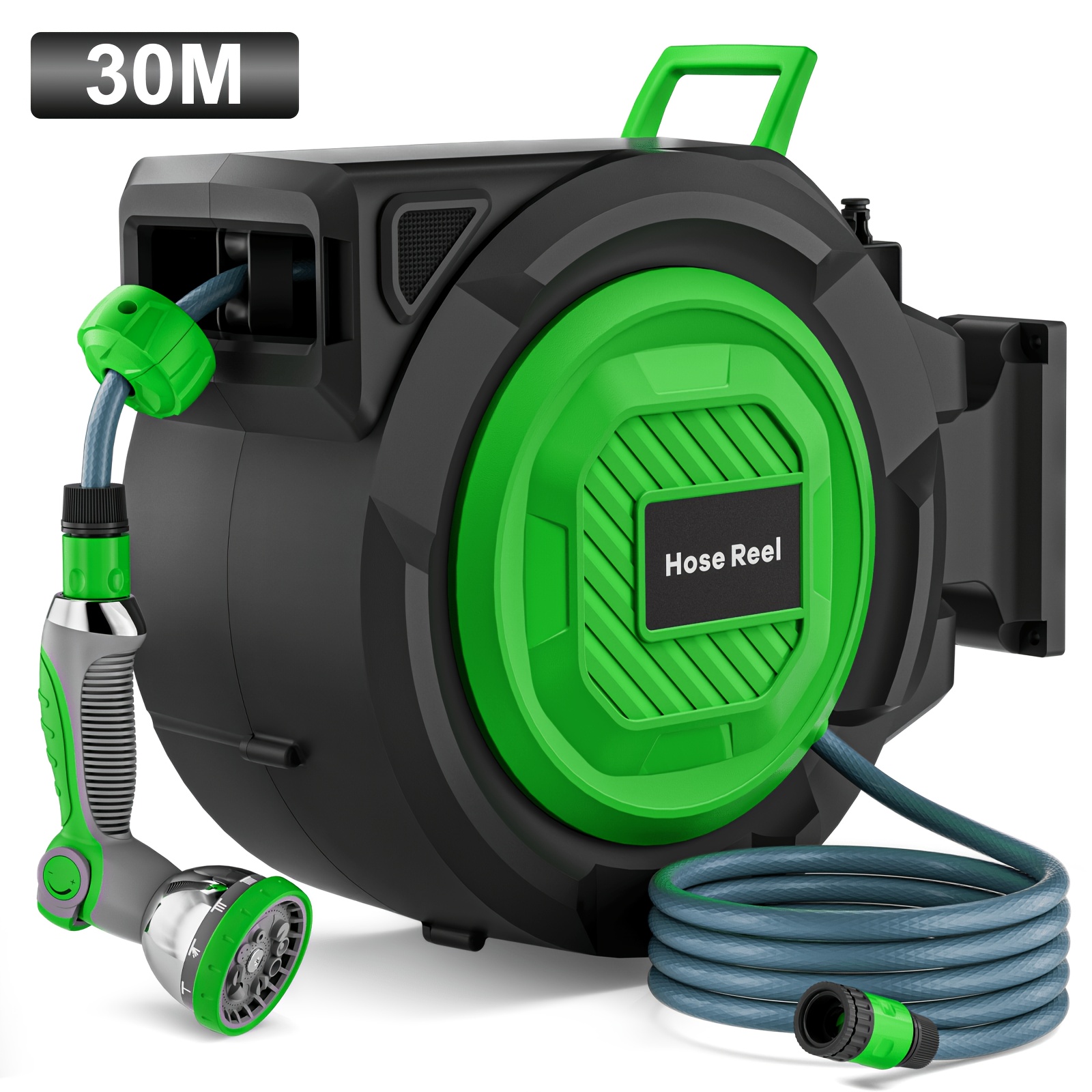 TEMU 30m Expandable Garden Hose Reel Featuring 10 Different Spray Settings, Extra Large Heavy-duty Wall-mounted Water Hose Ideal For Outdoor