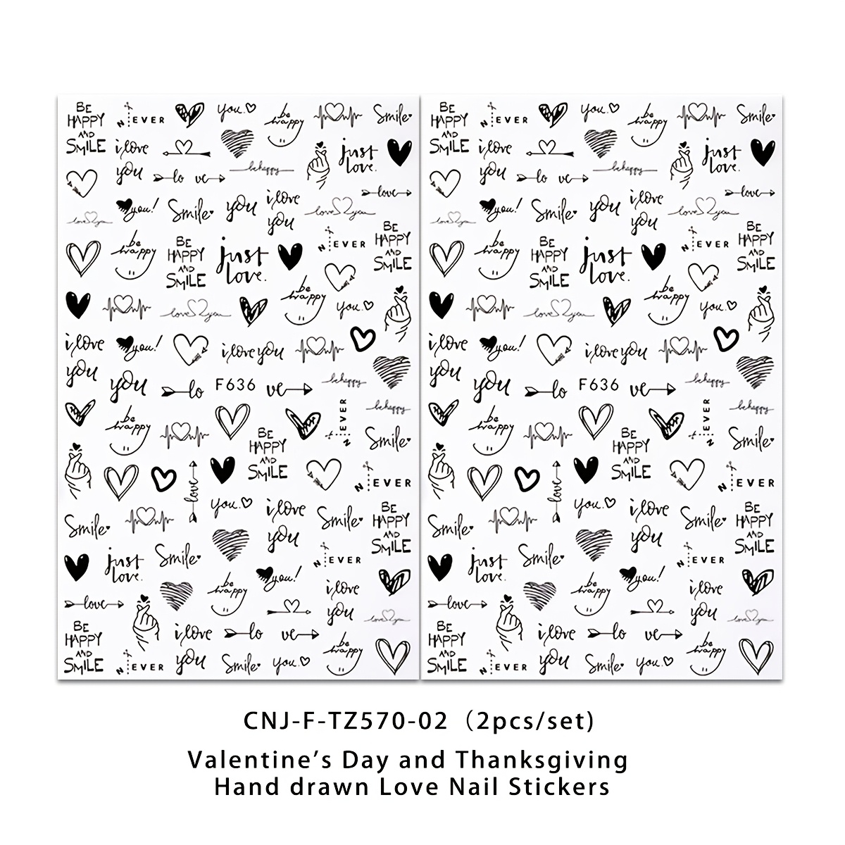 2pcs Valentine's Day Love Nail Stickers - Simple Hand-painted Hearts, Simple , Character For Thanksgiving, Suitable For Women', Wedding, And Holiday Disposable Self-adhesive Nail Decoration Stickers