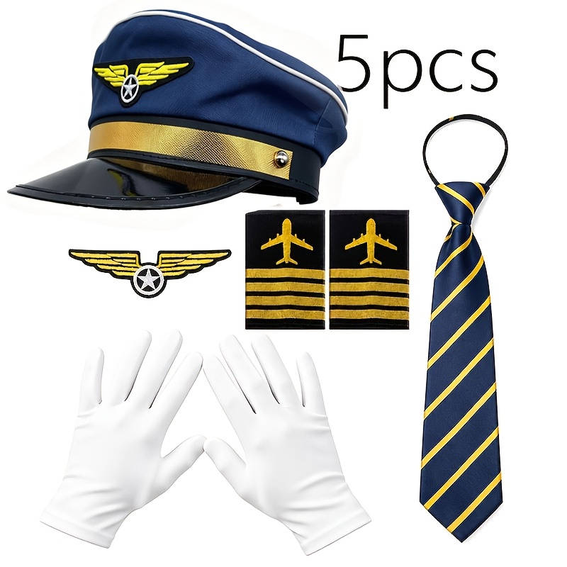 TEMU Costume de pilote 5 pièces - Tenue sur le thème de l'aviation bleu marine avec chapeau, cravate, insigne, écussons d'épaule et gants | Jeu de