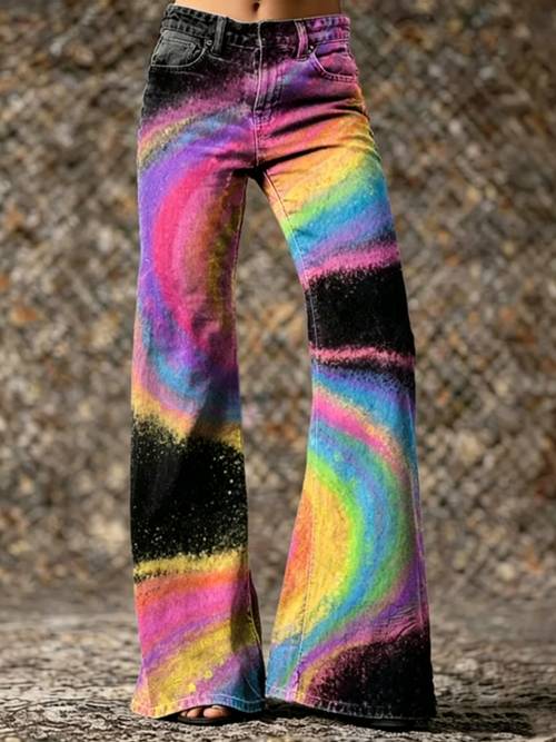women y2k retro high waisted bell denim pants g dient purple tie dye with nebula ow vortex ink splatter suitable for festivals machine washable floor sweeping micro bell s
