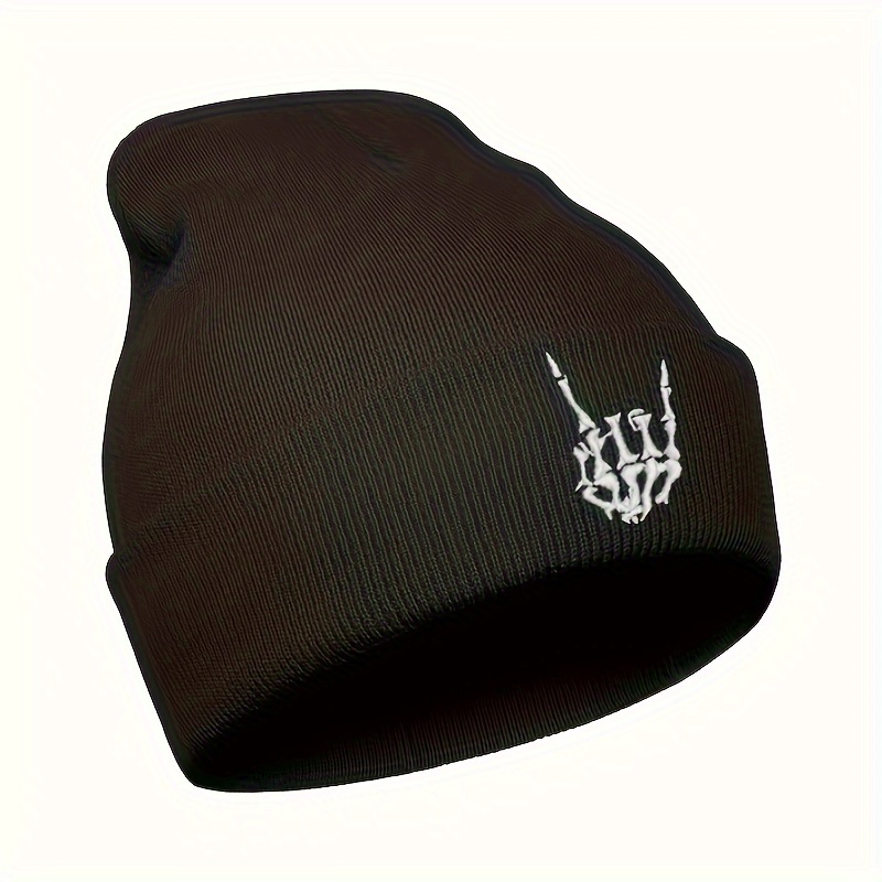 

Embroidered Hand Gesture Beanie For Men And Women - Acrylic Knit Fabric, Stretchable Winter Hat, Machine Washable, Ideal For Street Sports, Skiing & - 1pc