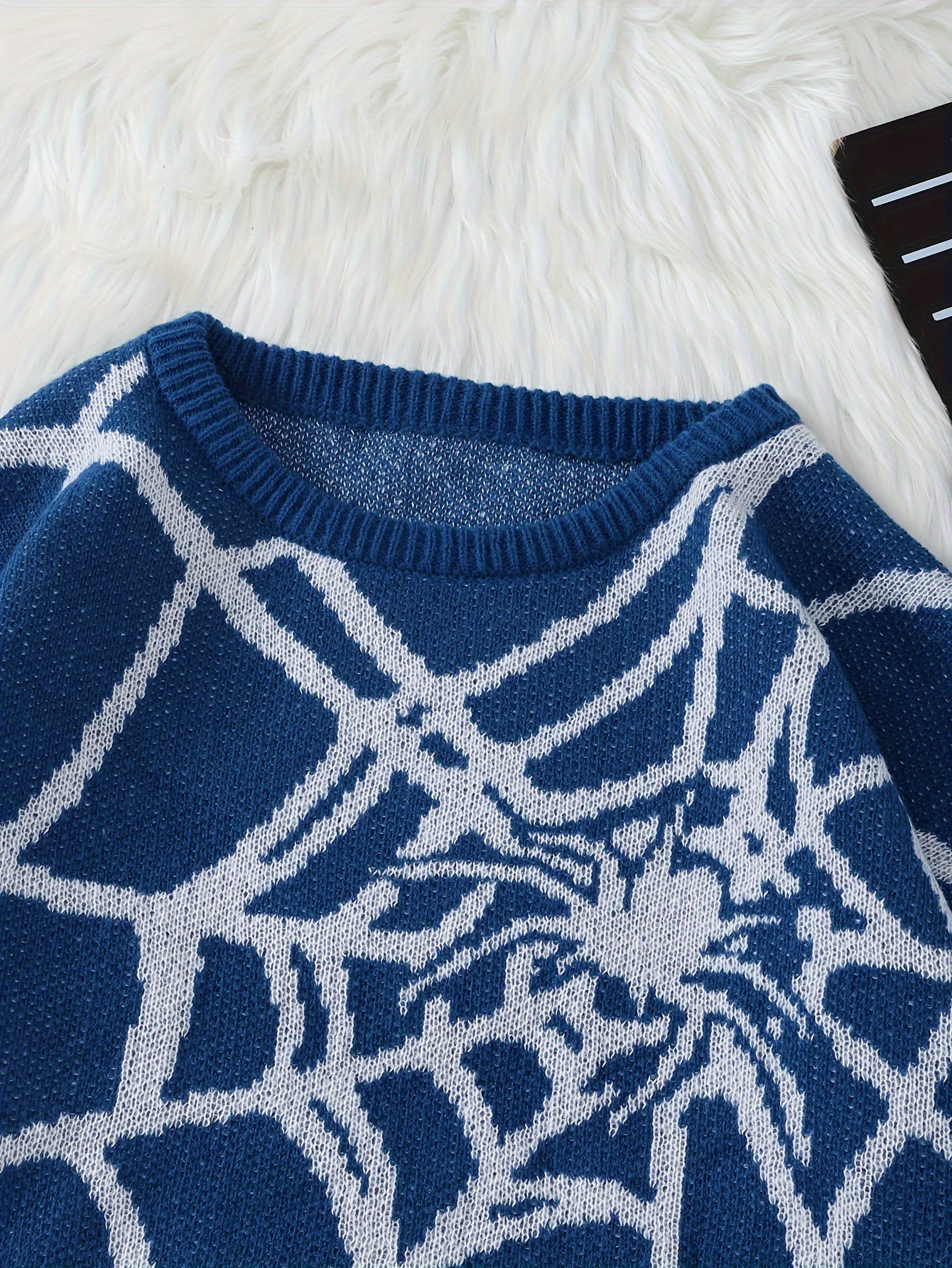 men's spider web graphic knit sweater navy blue casual - Temu