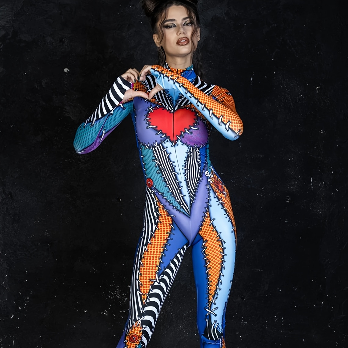 Women'S Colorful Heart Bodysuit Full Body Jumpsuit with Zipper  Closure, Vibrant Geometric Patterns Halloween Cosplay,