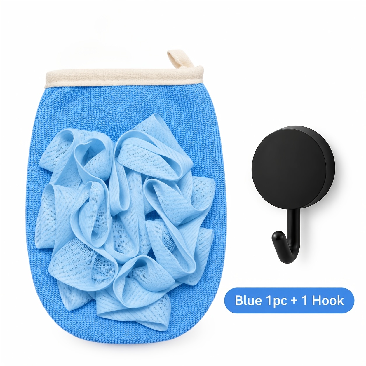 Bath Loofah Gloves with Black Round Hooks, 3D Mesh Design