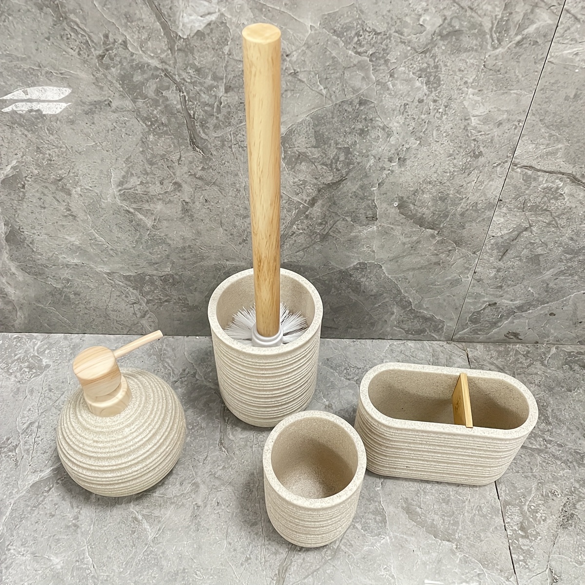 Water Transfer Print Nozzle, Beige Gravel Emulsion Bottle Mouth Cup, Toothbrush Holder, Toilet Brush with Wooden Handle, 4pcs Bathroom Set