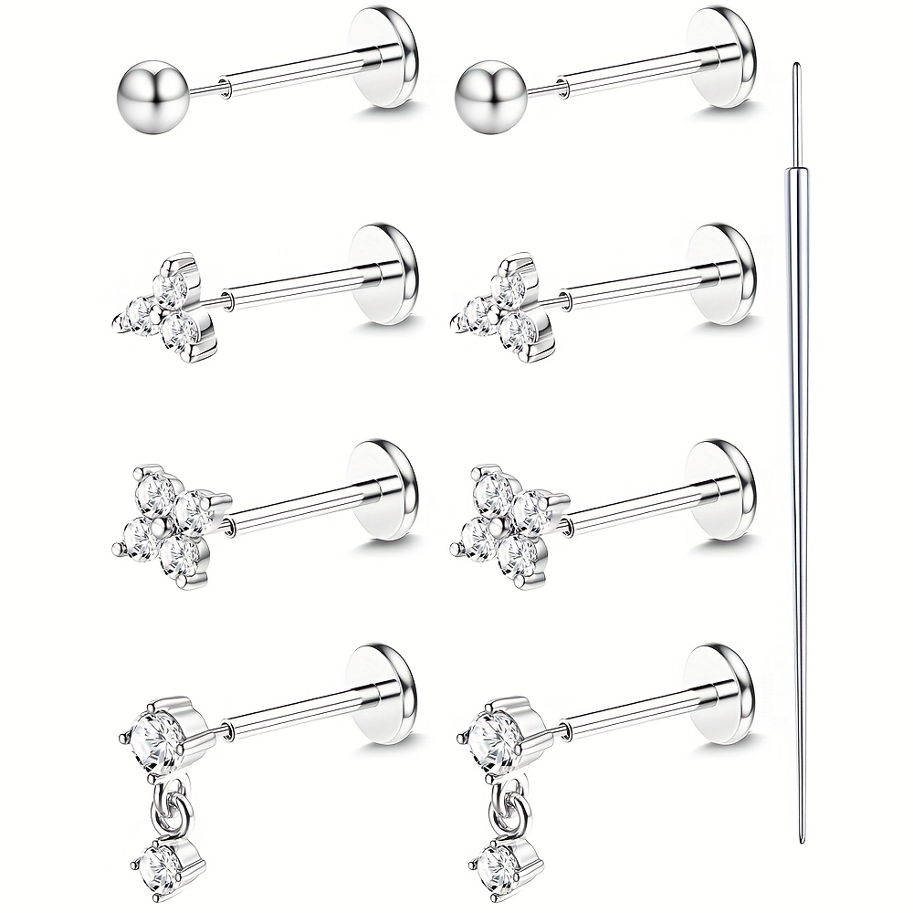 E-shop 9-teiliges 20G Stecker-Set für Nasen-, Lippen-, Ohr mit flacher Rückseite Knorpelpiercings für Damen