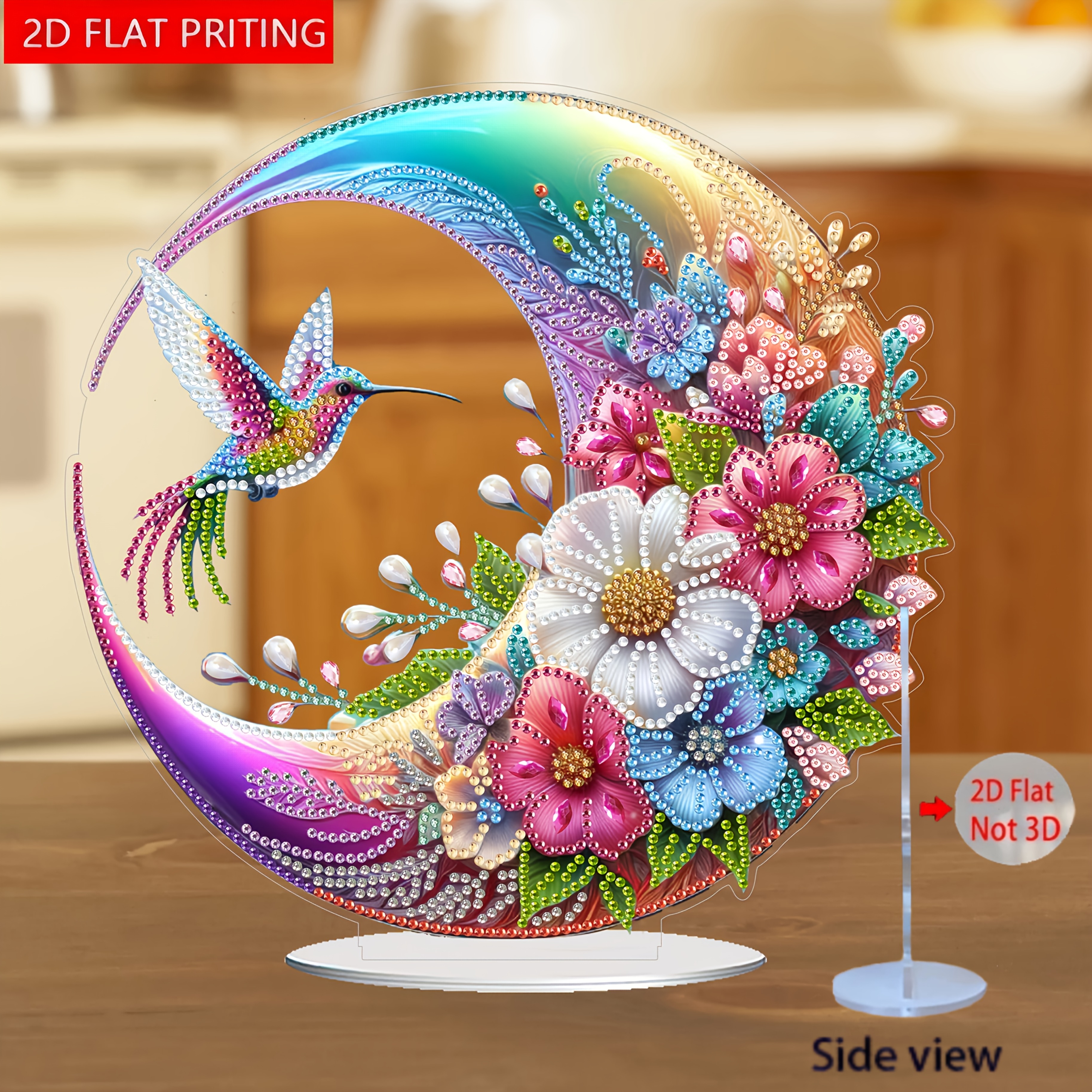 Image of 2d Flat, Hummingbird Moon Floral Wreath Music And Scent, 5d Special Shaped Art, Acrylic (), With , Irregular Flower Theme, Single-sided Diamond Decoration