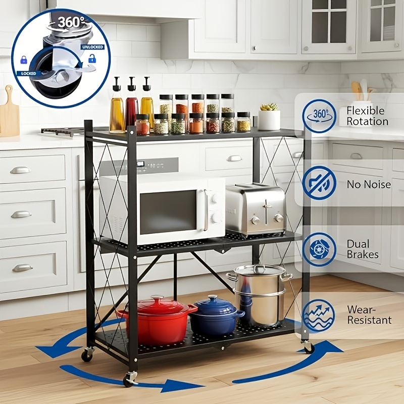 3-tier Foldable Storage Shelves With Wheels, Metal Collapsible Organization Rack, No Assembly Folding Bookshelf, Rolling Storage Rack For Kitchen, Bedroom, Pantry, Garage, Display, Standing Shelf